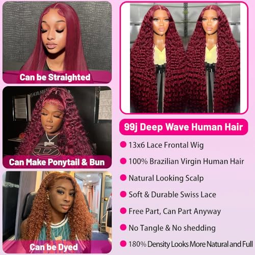 Trilumity 99J Burgundy 13X6 180 Deep Wave Human Hair - Burgundy Hair Replacement Wig
