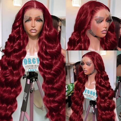 Trilumity 99J Burgundy Red Body Wave Human Hair - Burgundy Hair Replacement Wig