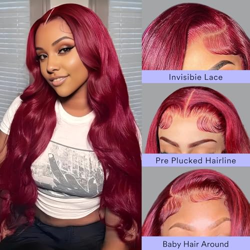 Trilumity Burgundy 13X4 200 Density Body Wave Human Hair - Burgundy Hair Replacement Wig