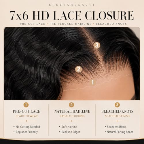 Trilumity 7X6 Closure Glueless Body Wave Human Hair - Natural Black Hair Replacement Wig