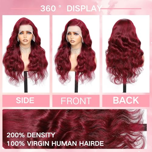 MAKATI 24 Inch 99j Burgundy Lace Front Wigs Human Hair 13x6 HD Transparent Burgundy Wig Human Hair 200 Density Pre Plucked Glueless Frontal Wigs Human Hair for Black Women