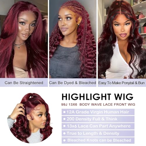Trilumity 99J Burgundy 13X6 Body Wave Human Hair - Burgundy Hair Replacement Wig