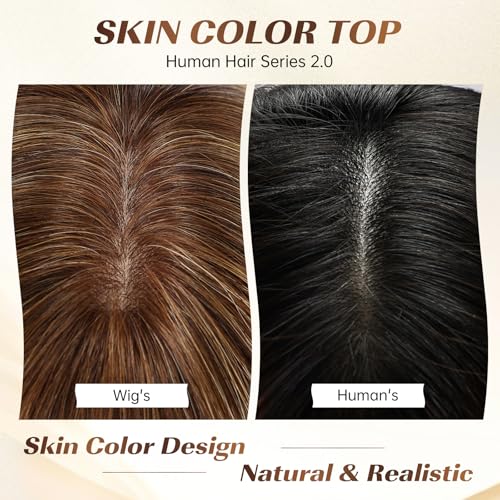 KKU 14 Inch Brown Mixed Blonde Layered Straight Human Hair Wig with Bangs, Human Hair Wigs for Women, Wear Natural Realism for Daily Use