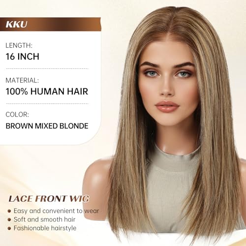 KKU 16 Inch Brown Mixed Blonde Human Hair Wigs for Women,5x5 Lace Front Wigs Human Hair,wigs for women