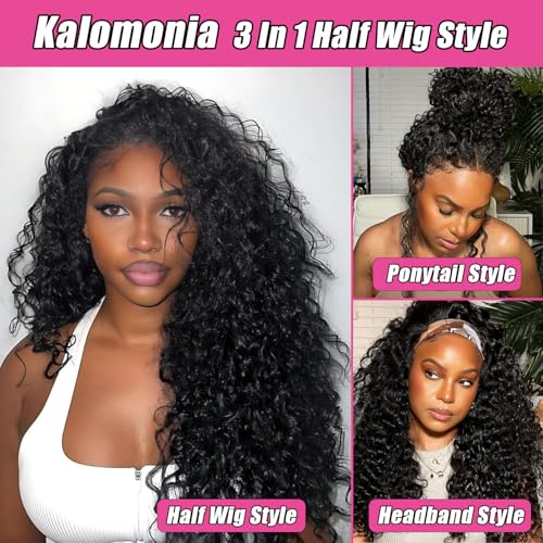 Trilumity Half Half Drawstring Seamless Deep Wave Human Hair - Natural Black Hair Replacement Wig