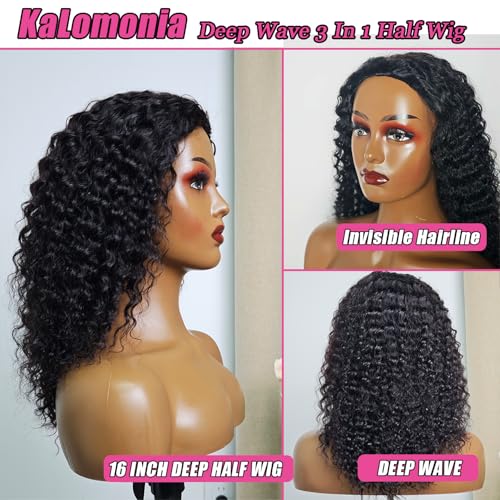 Trilumity Half Half Drawstring Seamless Deep Wave Human Hair - Natural Black Hair Replacement Wig