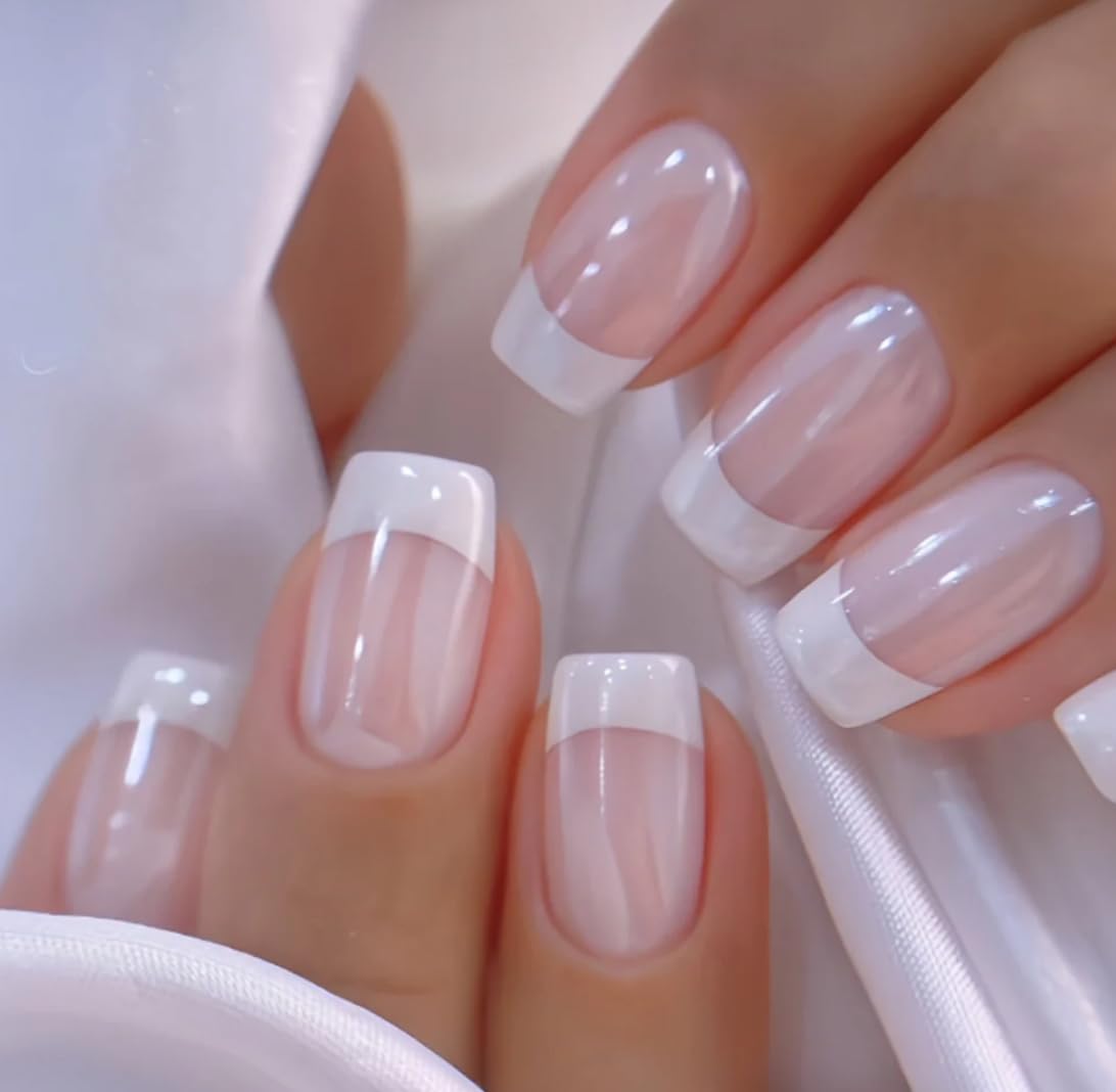 Trilumity With Apricot Design Full Short Square Acrylic - Nude Press On Nails