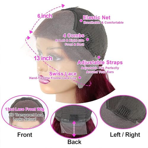 Trilumity 99J Burgundy Red Body Wave Human Hair - Burgundy Hair Replacement Wig