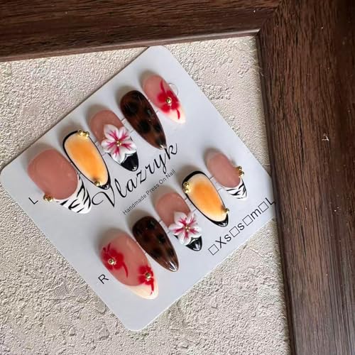 Trilumity Luxury 3D Flower French Short Almond Acrylic - Nude Pink Press On Nails