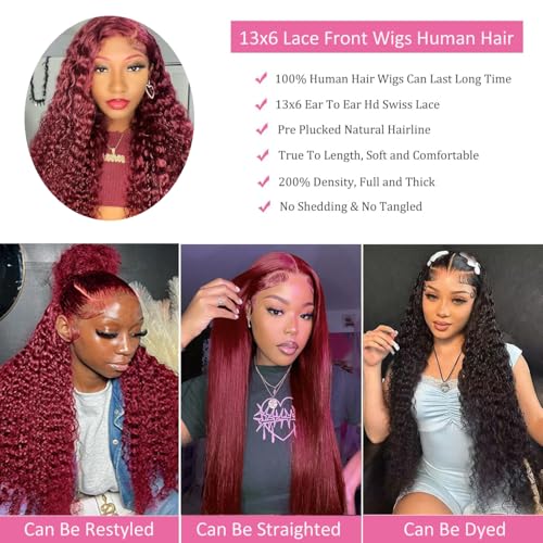 Trilumity Burgundy 99J Burgundy 13X6 Deep Wave 100% Human Hair - Burgundy Hair Replacement Wig