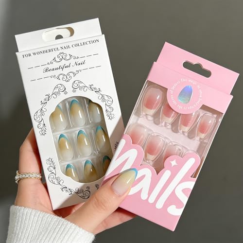 Trilumity 2 Packs French Tip Short Almond Soft Gel - Nude Pink Press On Nails