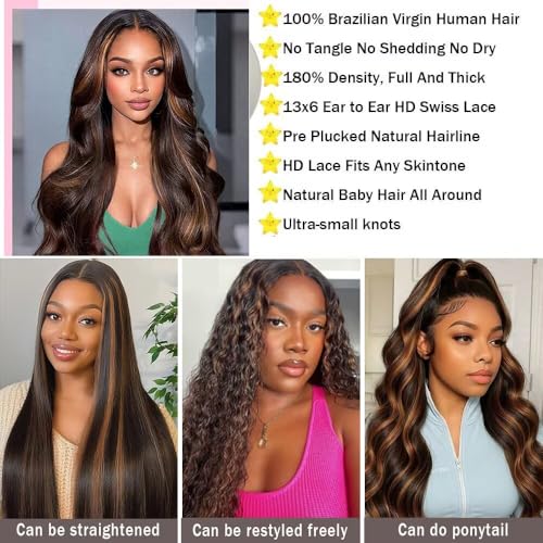 Trilumity Ombre Highlight 13X6 1B/30 Body Wave Brazilian Virgin Hair - Brown Hair Replacement Wig