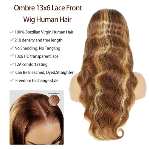 Trilumity Ombre 13X6 4/27 Highlight Body Wave 100% Human Hair - Honey Blonde Hair Replacement Wig