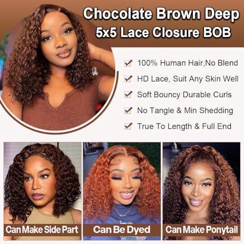 Trilumity Bob 200 Density 5X5 Deep Wave 100% Human Hair - Brown Hair Replacement Wig