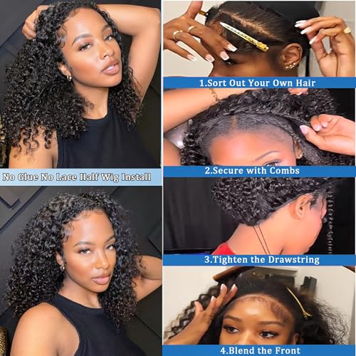 Trilumity Half ，100% Real 205G，3 Curly Human Hair - Natural Black Hair Replacement Wig