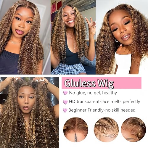 Trilumity Highlight Ombre 4/27 Wear Deep Wave Human Hair - Honey Blonde Hair Replacement Wig