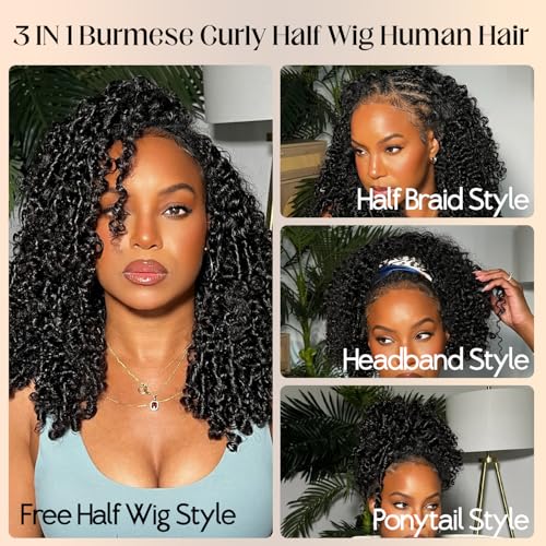 Trilumity Burmese Half 100% 2 Curly 100% Human Hair - Natural Black Hair Replacement Wig