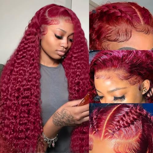 Trilumity Burgundy 99J Burgundy 13X6 Deep Wave 100% Human Hair - Burgundy Hair Replacement Wig
