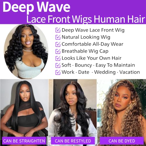 Trilumity 180 Density Glueless Deep Wave Human Hair - Natural Black Hair Replacement Wig