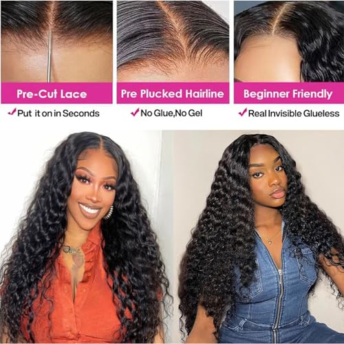 Trilumity Glueless Pre Cut 5X5 Deep Wave Human Hair - Natural Black Hair Replacement Wig