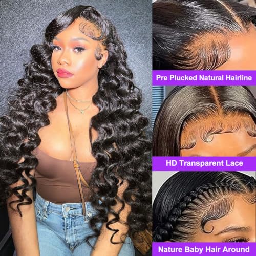 Trilumity 180 Density Glueless Deep Wave Human Hair - Natural Black Hair Replacement Wig