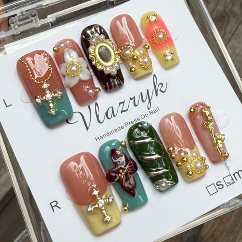 Trilumity Thick With 3D Rhinestones Short Square Acrylic - Gold Press On Nails