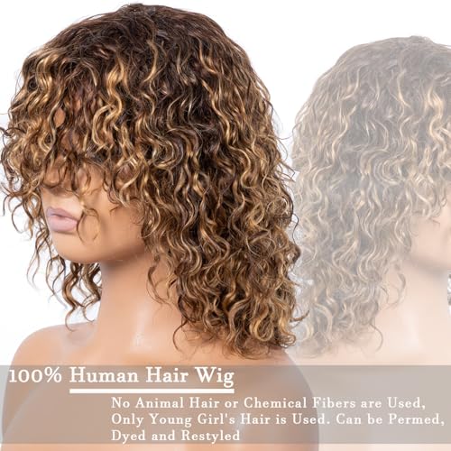 Trilumity Short Water With Bangs Water Wave Human Hair - Brown Hair Replacement Wig