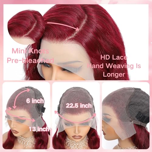 MAKATI 24 Inch 99j Burgundy Lace Front Wigs Human Hair 13x6 HD Transparent Burgundy Wig Human Hair 200 Density Pre Plucked Glueless Frontal Wigs Human Hair for Black Women