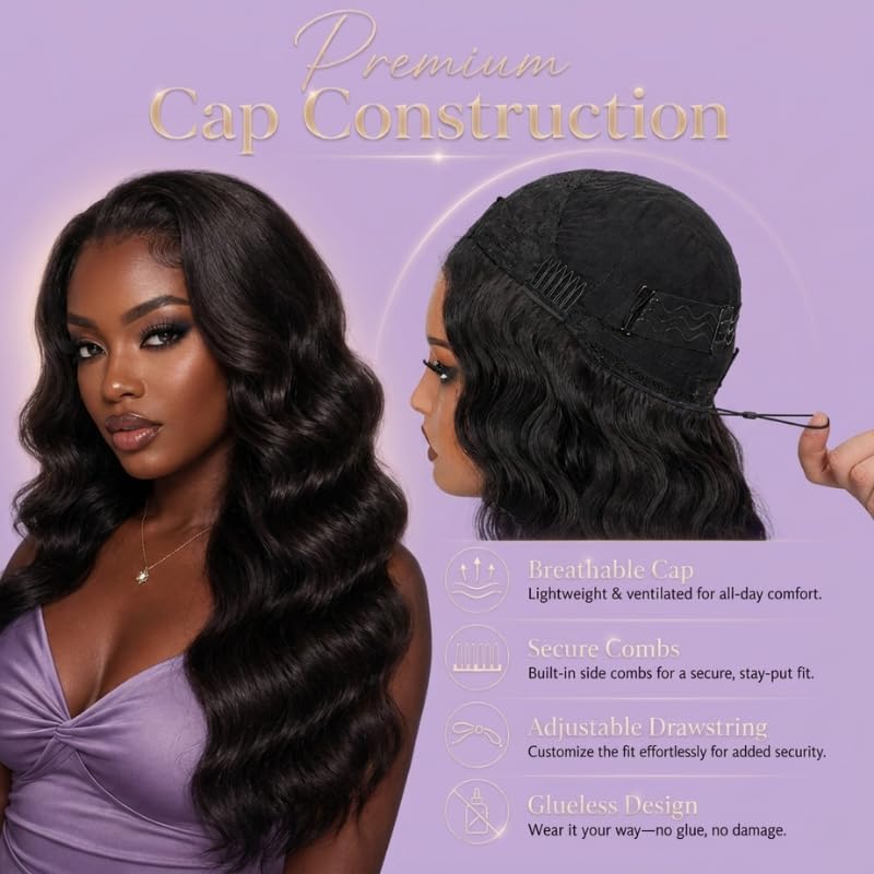 Trilumity Half 3 In 1 Body Wave Human Hair - Natural Black Hair Replacement Wig