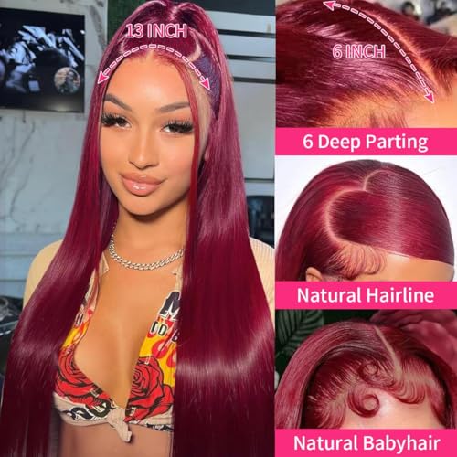Trilumity 99J Burgundy 13X6 Straight Straight Human Hair - Burgundy Hair Replacement Wig