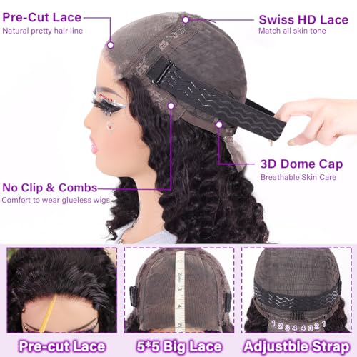 Trilumity Bob 5X5 Wear Deep Wave Human Hair - Natural Black Hair Replacement Wig