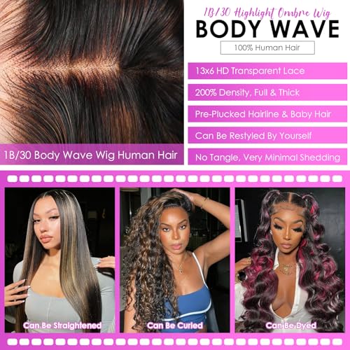 Trilumity 13X6 Highlight 1B/30 Ombre Body Wave Brazilian Virgin Hair - Natural Black Hair Replacement Wig