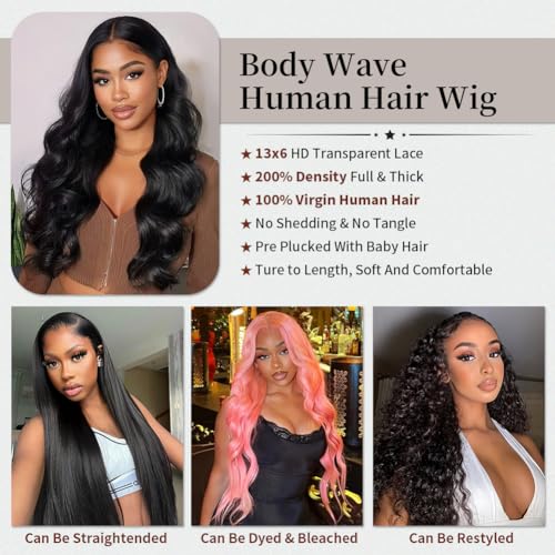 Trilumity 13X6 Front 100% Unprocessed Body Wave Human Hair - Natural Color Hair Replacement Wig