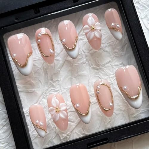 Trilumity 3D White Pearl Short Almond Acrylic - White Press On Nails