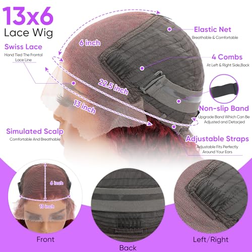 Trilumity Burgundy 99J Burgundy 13X6 Deep Wave Human Hair - Burgundy Hair Replacement Wig