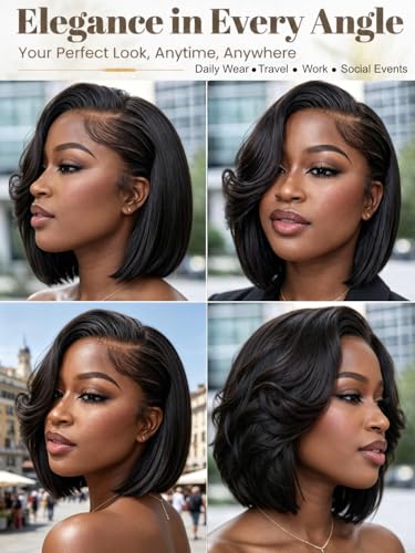 Trilumity Short Layered Bob Drawstring Bob Human Hair - Natural Black Hair Replacement Wig
