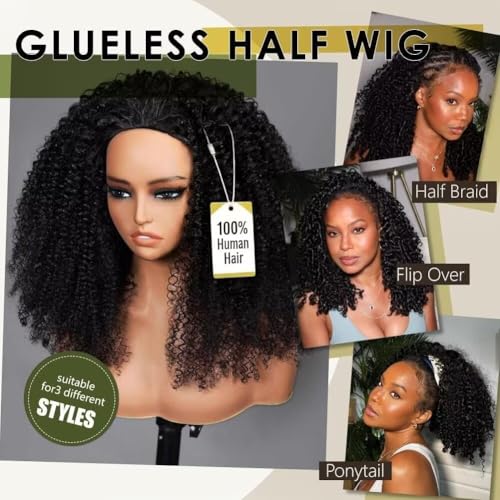 Trilumity Half 3 In 1 Curly Human Hair - Natural Black Hair Replacement Wig