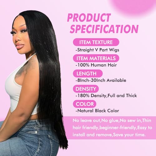 Trilumity V Part Straight Human Hair - Natural Black Hair Replacement Wig