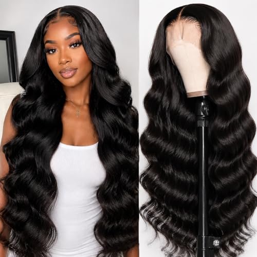 MAKATI 30 Inch Body Wave Lace Front Wigs Human Hair 13x6 HD Transparent Lace Glueless Wear and Go Wig 200 Density Pre Plucked Human Hair Wig with Baby Hair Lace Front Wig for Women