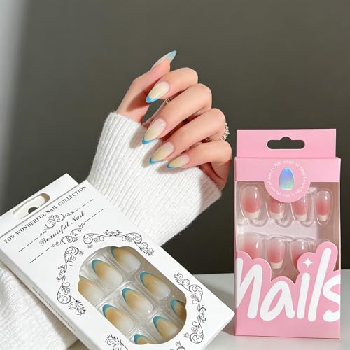 Trilumity 2 Packs French Tip Short Almond Soft Gel - Nude Pink Press On Nails
