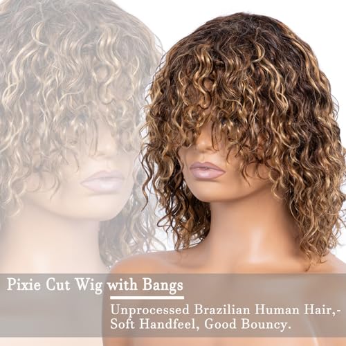 Trilumity Short Water With Bangs Water Wave Human Hair - Brown Hair Replacement Wig