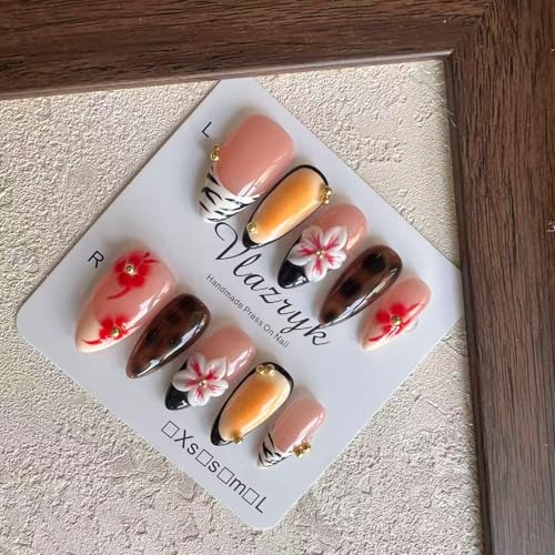 Trilumity Luxury 3D Flower French Short Almond Acrylic - Nude Pink Press On Nails
