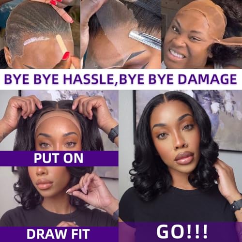 Trilumity Glueless Drawstring Bob 7X5 Body Wave 100% Human Hair - Natural Black Hair Replacement Wig