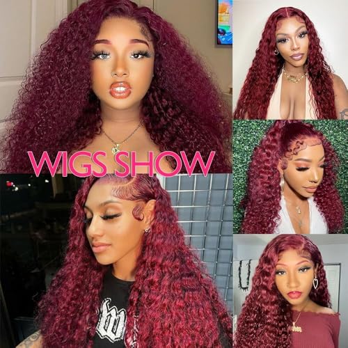 Trilumity Burgundy 250 Density Deep Wave Human Hair - Burgundy Hair Replacement Wig