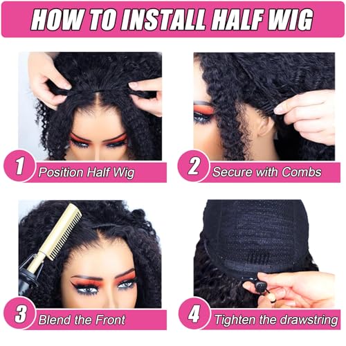 Trilumity Half Half Drawstring Seamless Deep Wave Human Hair - Natural Black Hair Replacement Wig