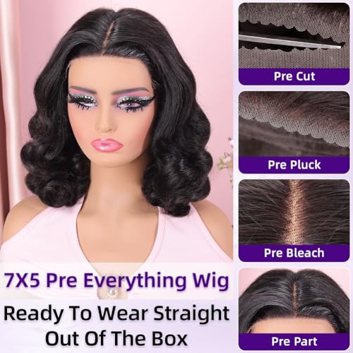 Trilumity Glueless Drawstring Bob 7X5 Body Wave 100% Human Hair - Natural Black Hair Replacement Wig