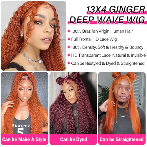 Trilumity Ginger Orange 13X4 Deep Wave Human Hair - Natural Black Hair Replacement Wig