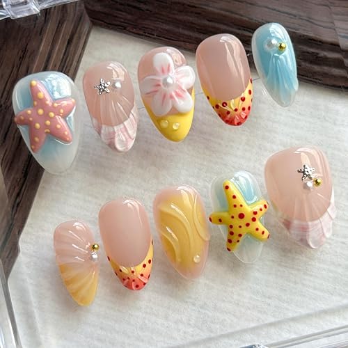 Trilumity Beach Nails Press Short Almond Acrylic - Nude Pink Press On Nails