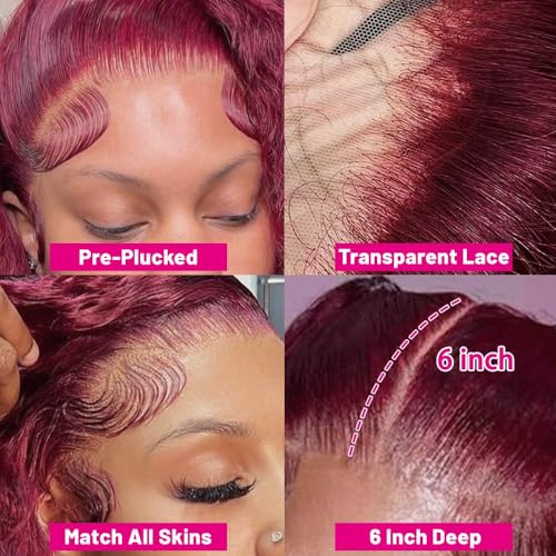 Trilumity 99J Burgundy 13X6 180 Deep Wave Human Hair - Burgundy Hair Replacement Wig