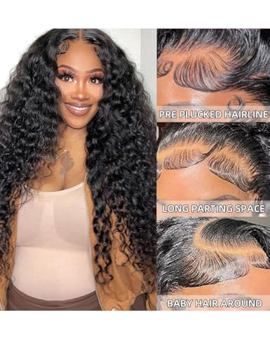 34 Inch Water Wave Lace Front Wigs Human Hair 180 Density 13x6 HD Lace Front Wigs Human Hair Pre Plucked Deep Curly Glueless Wigs Human Hair for Black Women (13x6 water wave front wigs, 34 Inch)